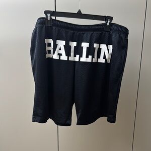 BRIAN LICHTENBERG Vintage Black Mesh Shorts with White 'Ballin' Text